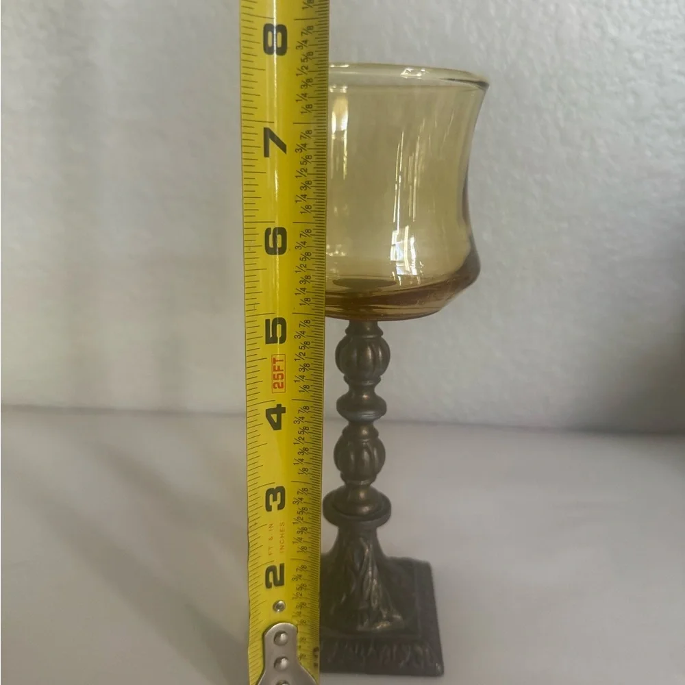 Elegant Amber Glass and Brass Candle Holder